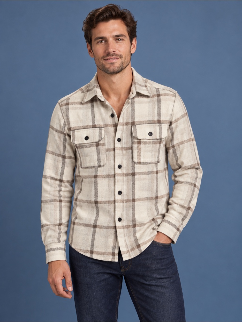 Magaschoni Heavyweight Flannel White Tan Gray Plaid Button Down Shirt Size M